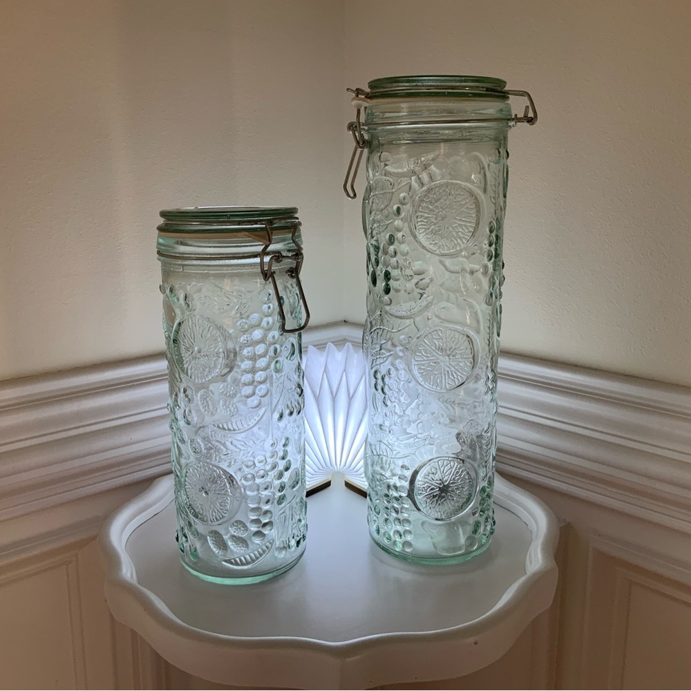 Vintage Embossed Fruit Pattern Hermetic Glass Canisters